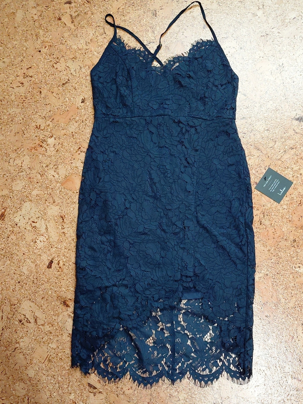 Lulu's Navy Lace Overlay Cocktail Dress with Scalloped Lace Hem Size M NWOT